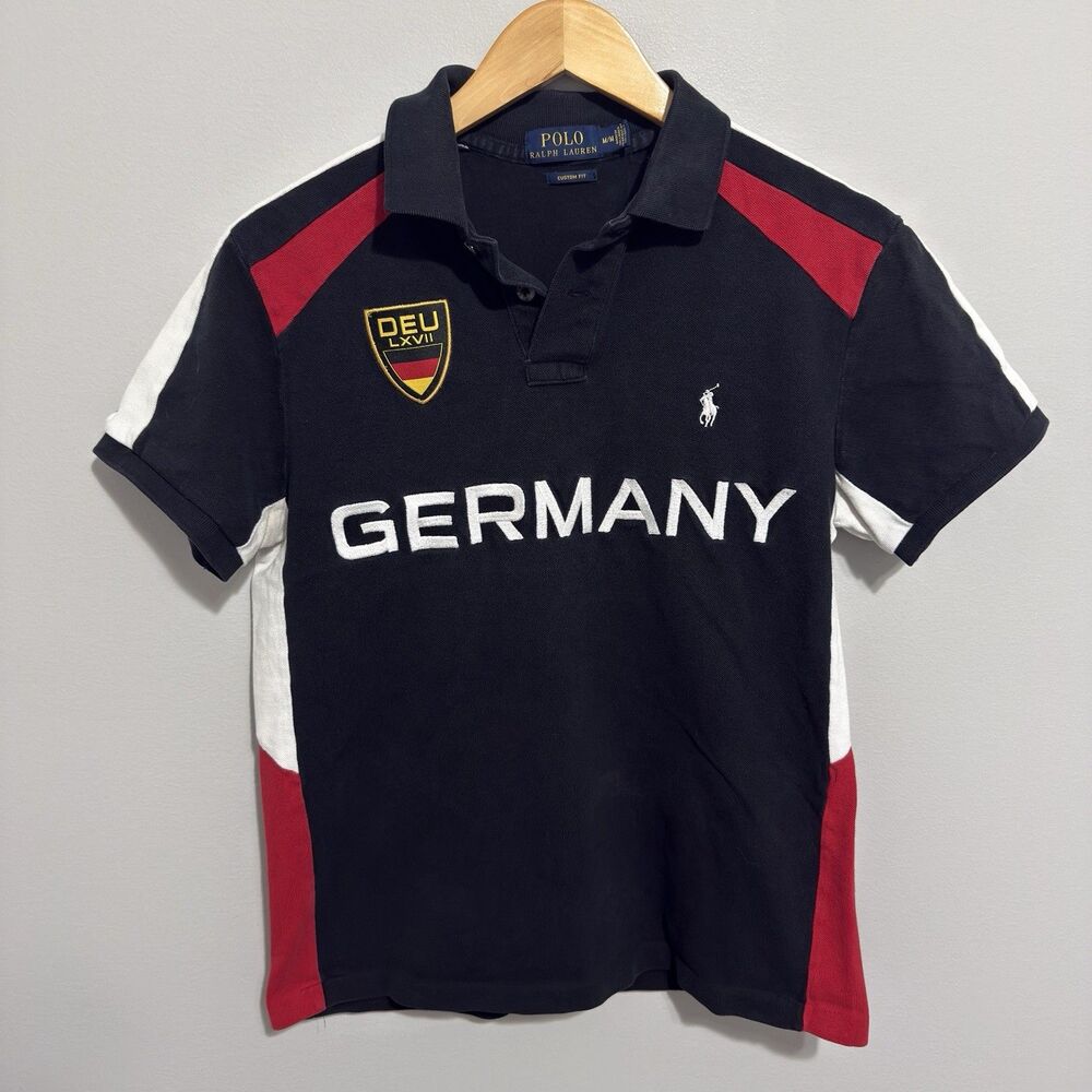Polo Ralph Lauren Custom Fit Germany Polo Shirt Mens Medium Black Red White Flag